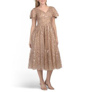 MAC DUGGAL Taupe Short Sleeve Sequin Midi Dress